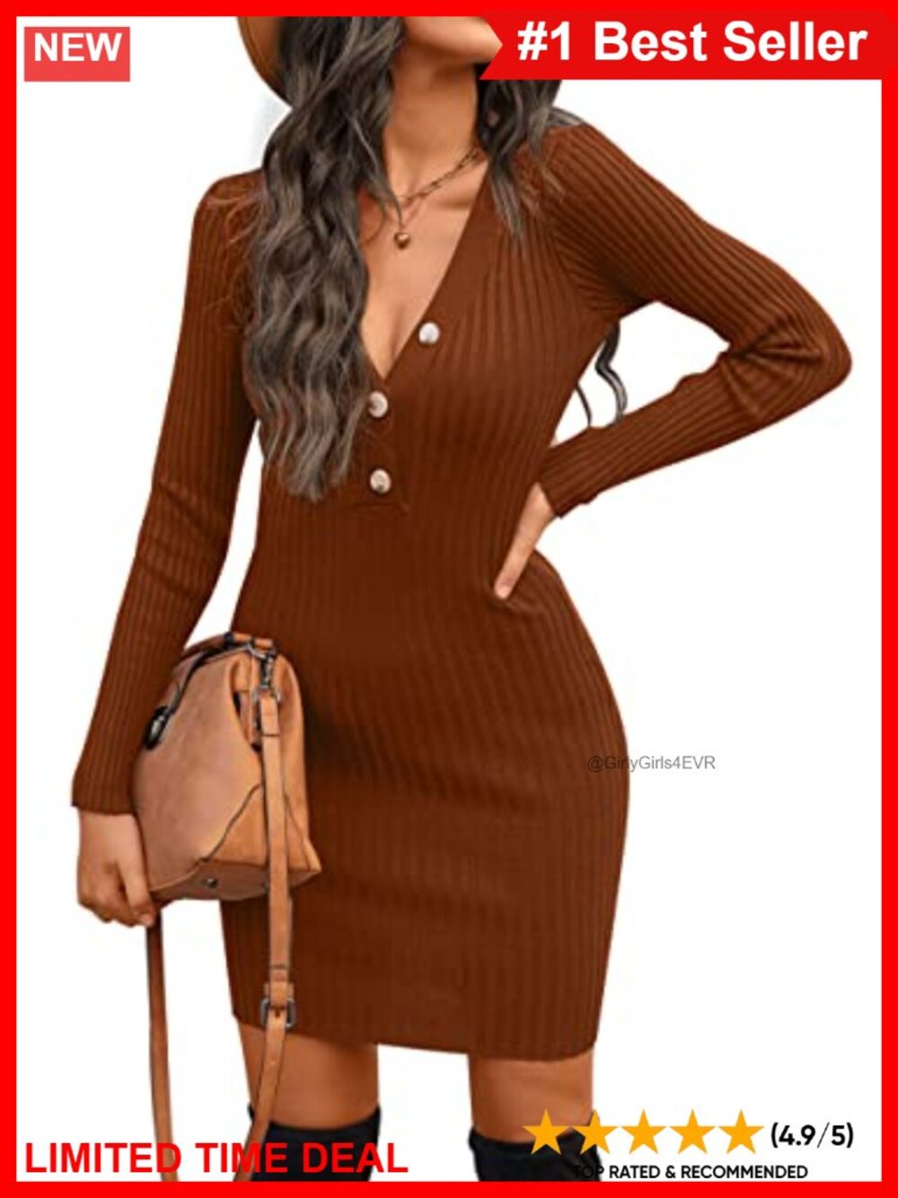 V Neck Long Sleeve Sweater Mini Dress Bodycon Ribbed Knit